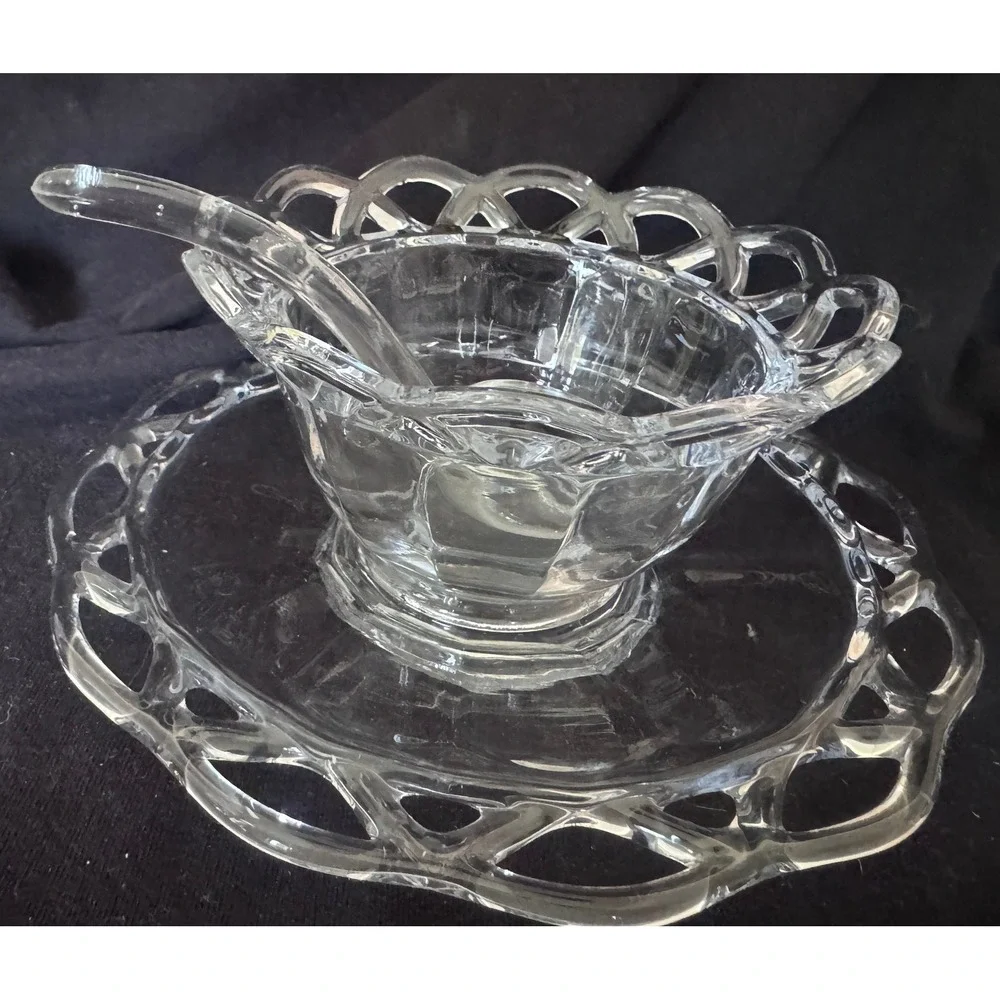 Vintage Clear Glass Mayonnaise Set Lace Edge Bowl Underplate Ladle 3pc Sauce Set